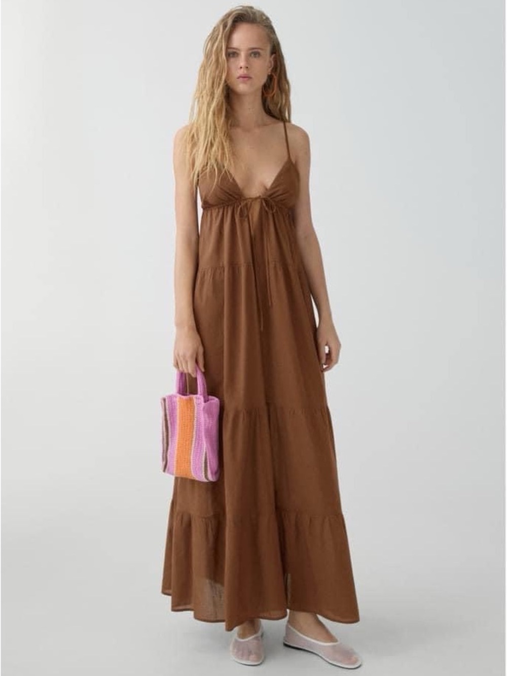 Mango Long Brown Dress with Bow Neckline